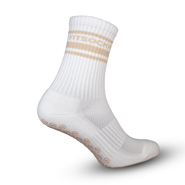 FitSockr Gripsokken V2 Line - Wit Beige - zijaanzicht met antislipnoppen